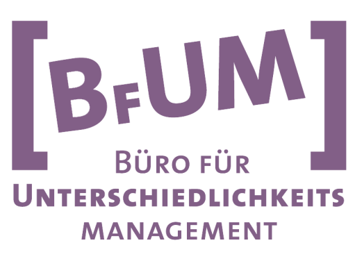 lila Logo mit der Abkürzung BfUM in Klammer und darunter Büro für Unterschiedlichkeits-Management